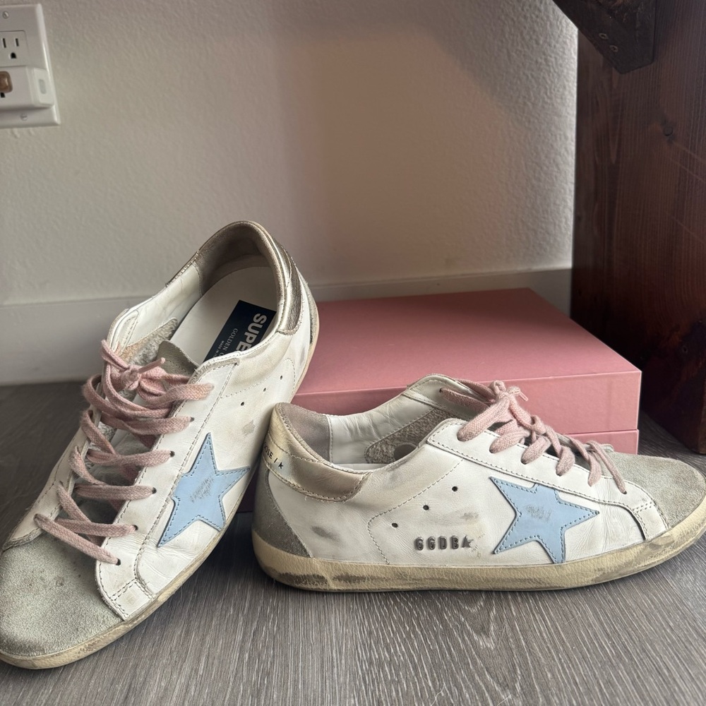 Golden Goose Sneakers - White with Blue Star and Pink Laces